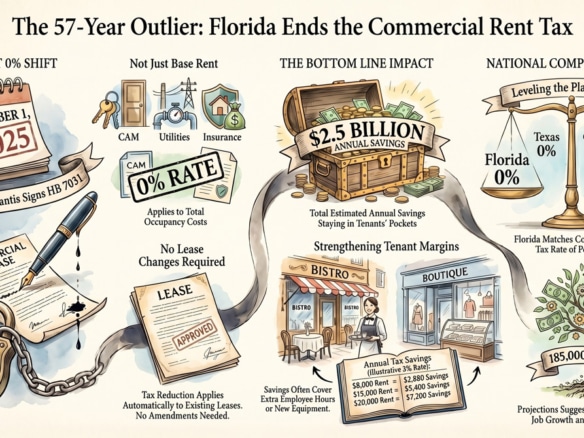 Florida commercial rent tax repeal infographic showing HB 7031 and $2.5 billion in tenant savings